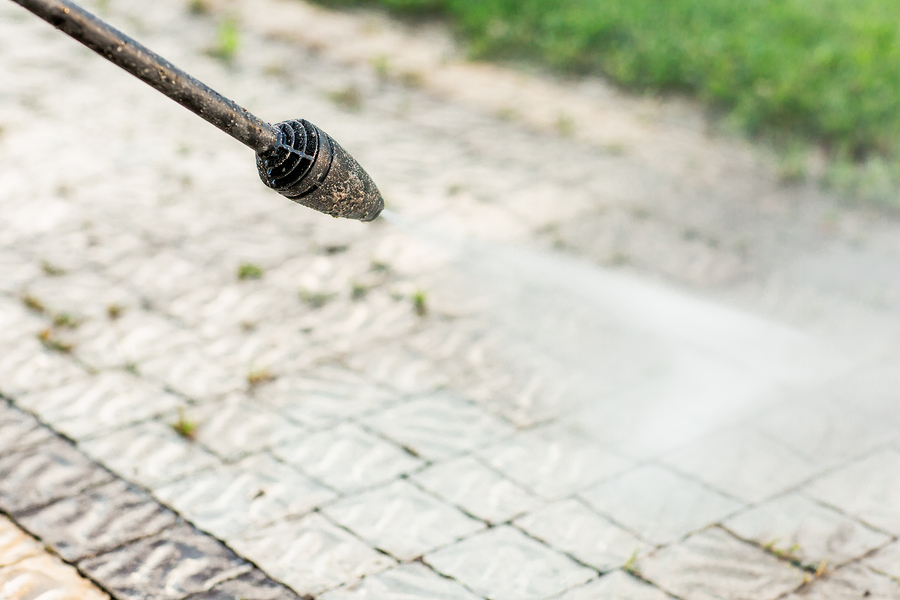 Close up photo of a cleaning a tile of grass in his yard. High pressure cleaning